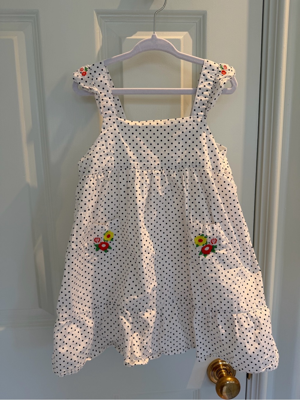 Madison Me White Polka Dot Girls Sundress with Floral Pocket Embroidery
